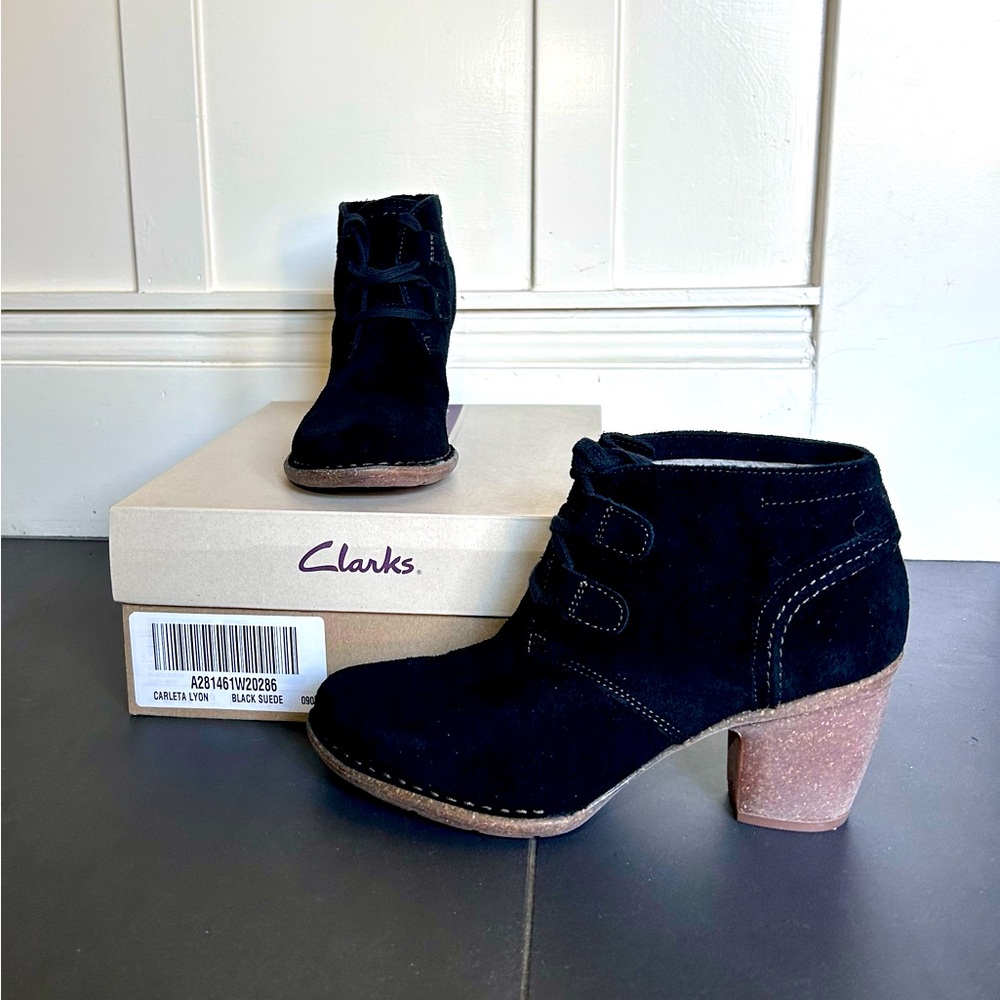 Clarks Carleta black suede booties